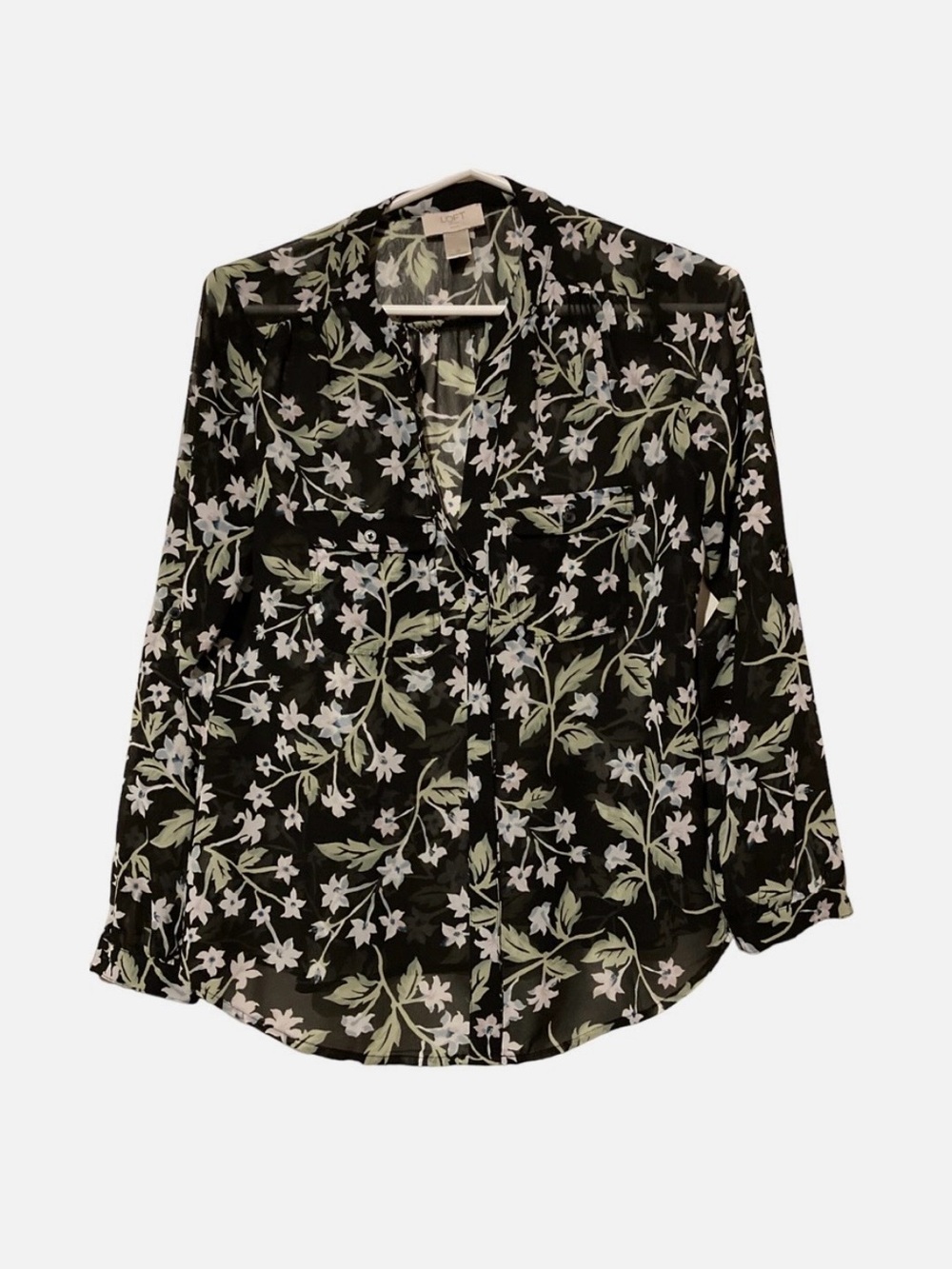 LOFT Black Green & Blue Floral Semi Sheer Long Sleeve Blouse S
